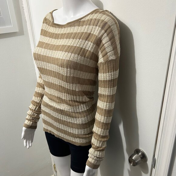 Striped Sweater, Tan and Beige with Gold Flecks Throughout, Stretchy, Size M - Picture 2 of 5